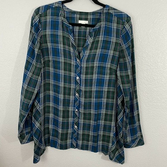 J Jill Cute Plaid Shirt Split Vneck-banded collar Long sleeve asymmetric hem - Picture 2 of 10